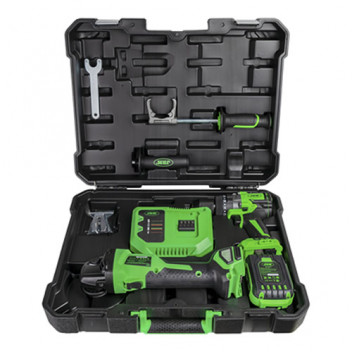 BRUSHLESS ANGLE GRINDER 125MM AND HAMMER DRILL KIT WITH STOR