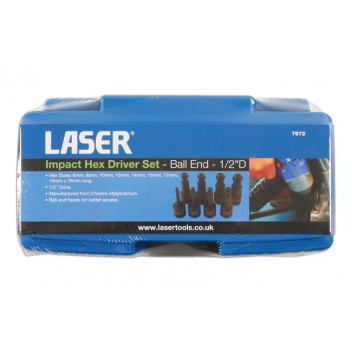 LASER Ball End Impact Hex Socket Bit Set 1/2D 8pc"